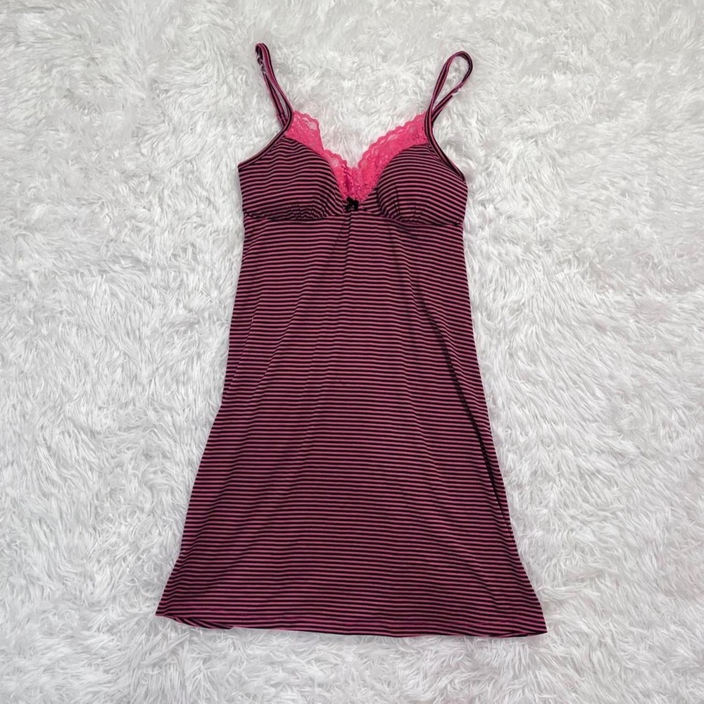 y2k pink & black striped lace trim babydoll top / mini dress xs